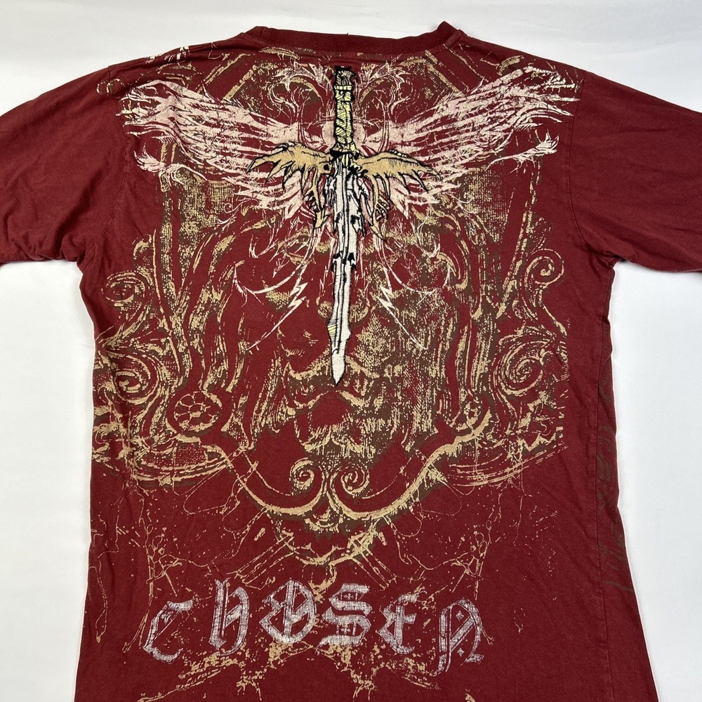 VTG Y2k Embroidered T Shirt Sz XL Red Danesi Cross Sword Wings Affliction Style